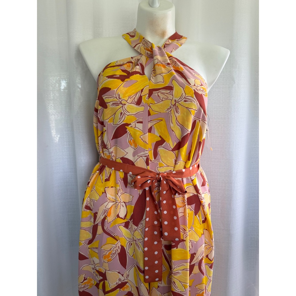 Nine West Womens Floral Halter Jumpsuit Size L Yellow Pink Wide Leg - Picture 2 of 10